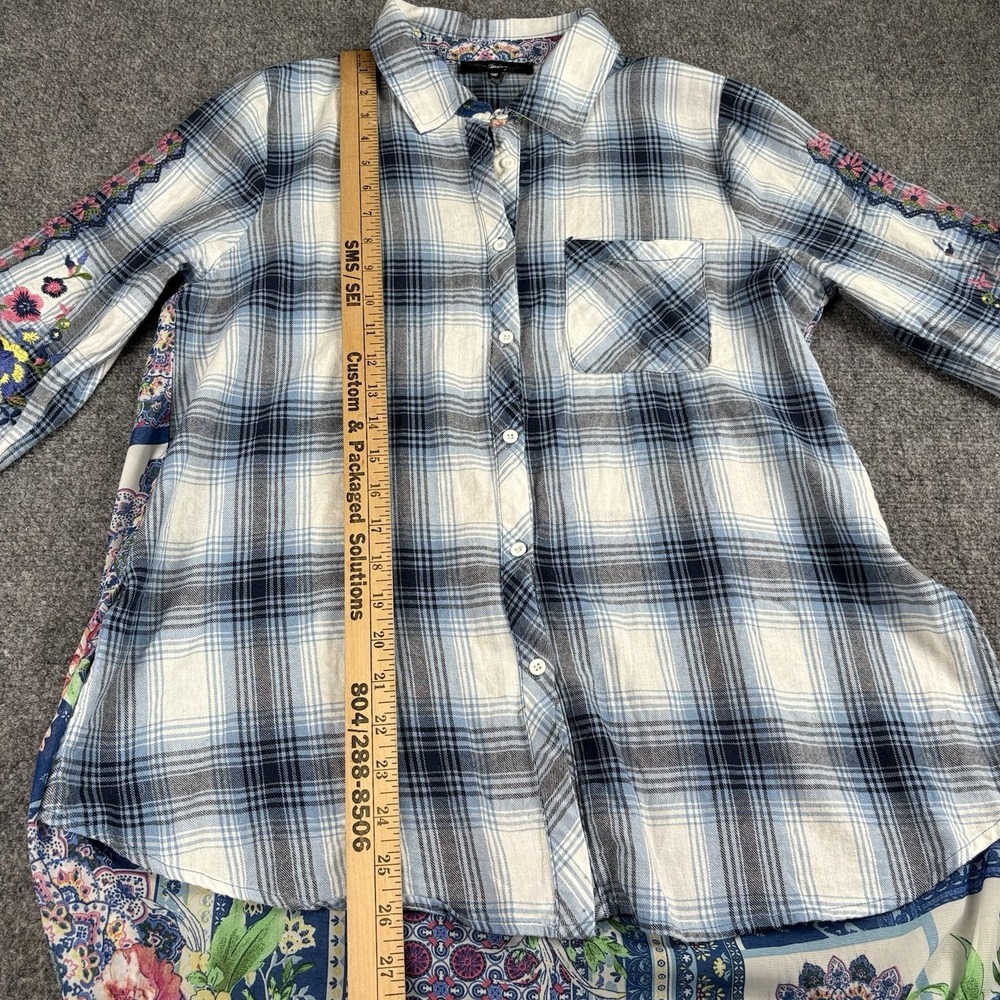 Andree by Unit Boho Tunic Top M Blue Plaid‎ Floral Embroidered Patchwork Tassels - Picture 10 of 14